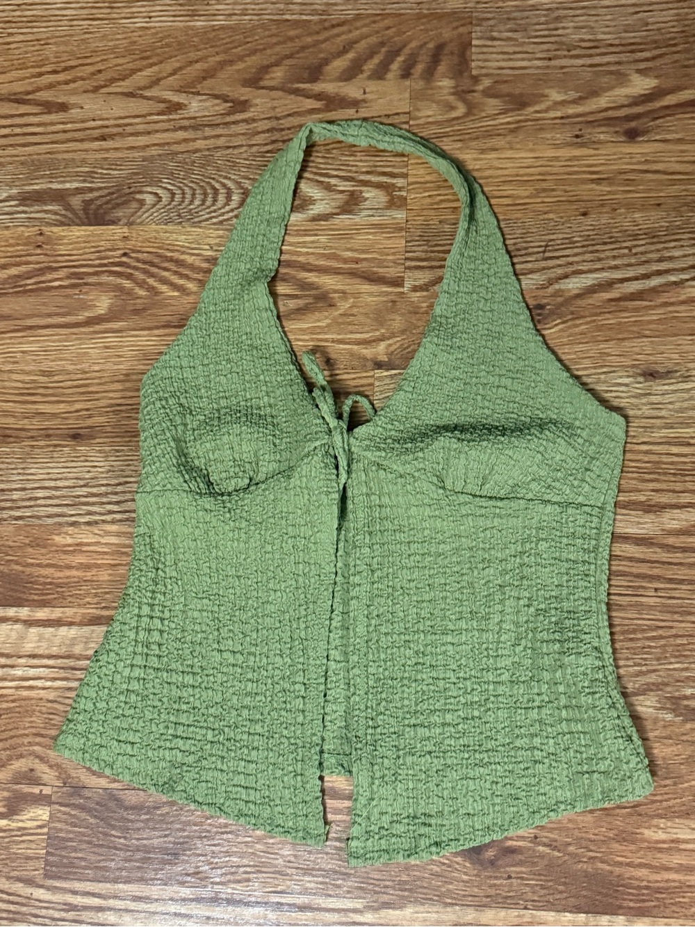 See You Monday Green Textured Halter Tie-Front Top